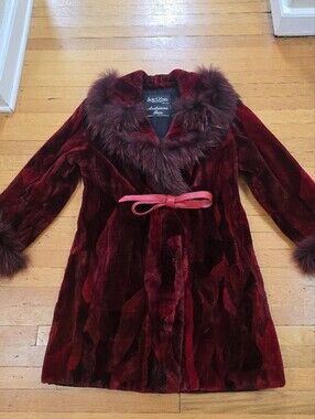 Jean Crisan Andriana Furs Sheared Fur Coat w/ Finn Raccoon Trim Red Burgundy EUC